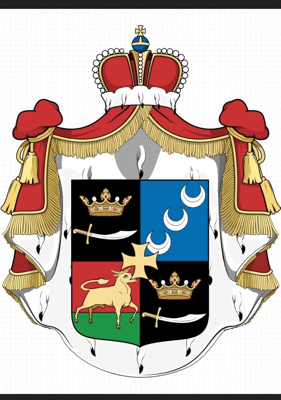 Full heraldic achievement of the Nakashidze family: a gold-fringed crimson princely mantle lined with ermine, topped by a princely crown, enclosing a shield of four quarters.